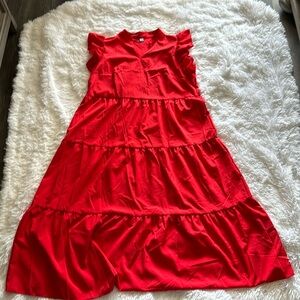 Red Notched Neckline Ruffle Trim Smock Dress.  New, never worn.